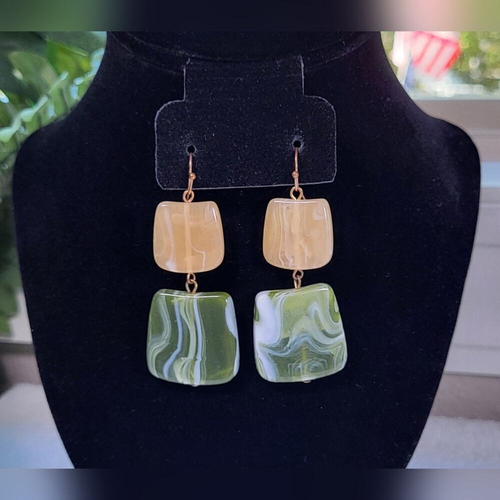 Cream and Green Geometric Resin Statement Dangle Earrings – Pierced - Picture 5 of 8